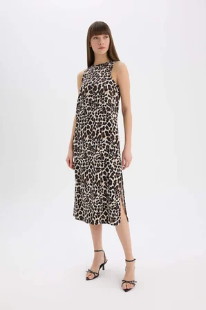 DeFacto Yuvarlak Yaka Leopar Desenli Saten Kolsuz Midi Abiye Elbise D7593AX25SPBK81