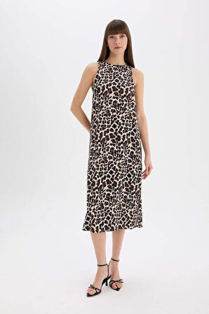 DeFacto Leopar Desenli Yuvarlak Yaka Saten Kolsuz Midi Abiye Elbise D7593AX25SPBK81