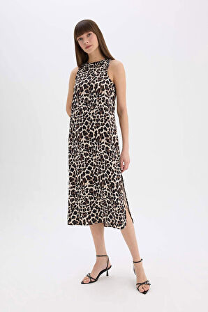 DeFacto Leopar Desenli Yuvarlak Yaka Saten Kolsuz Midi Abiye Elbise D7593AX25SPBK81