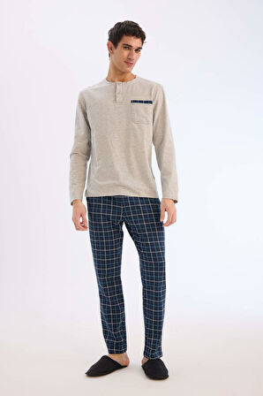 Regular Fit Pijama Takımı Uzun Kollu Üst Kareli Uzun Alt