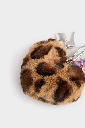 Kadın Pelüş Leopar Desenli Kalp Charm Anahtarlık