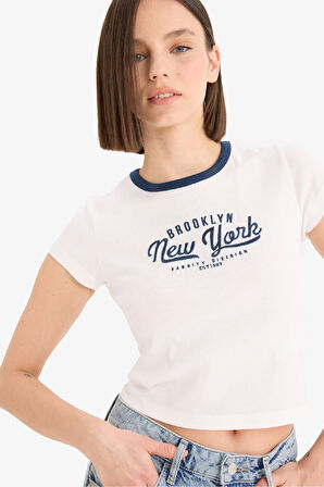 DeFacto Coool Fitted Bisiklet Yaka Baskılı Ribana Kısa Kollu Tişört F1447AX25SPWT32