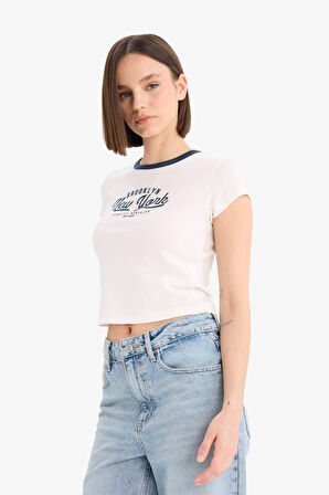 DeFacto Coool Fitted Bisiklet Yaka Baskılı Ribana Kısa Kollu Tişört F1447AX25SPWT32