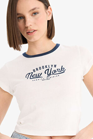 DeFacto Coool Fitted Bisiklet Yaka Baskılı Ribana Kısa Kollu Tişört F1447AX25SPWT32