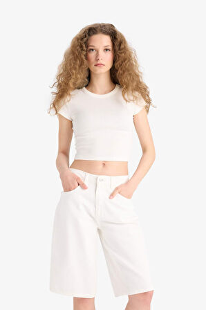 DeFacto Yüksek Bel Beyaz Jean Bermuda Şort E4087AX25SMWT1