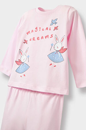 Kız Bebek Tavşan Baskılı Uzun Kollu Penye 2'li Pijama Takımı