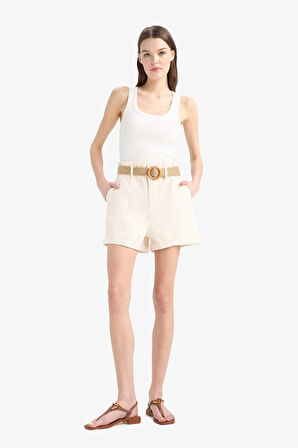 DeFacto Paperbag Yüksek Bel Katlamalı Paça Kemerli Jean Şort E0548AX25SMER219