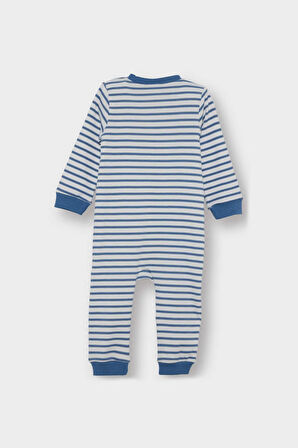 Erkek Bebek Yenidoğan Baskılı Çizgili Fitilli Kaşkorse Çıtçıtlı Uzun Kollu Tulum