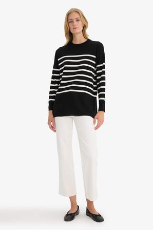 DeFacto Relax Fit Çizgili Bisiklet Yaka Triko Kazak Tunik S7517AZ25WNBK27