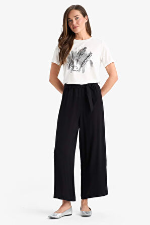 Culotte Geniş Paça Kuşaklı Krinkıl Viskon Kapri