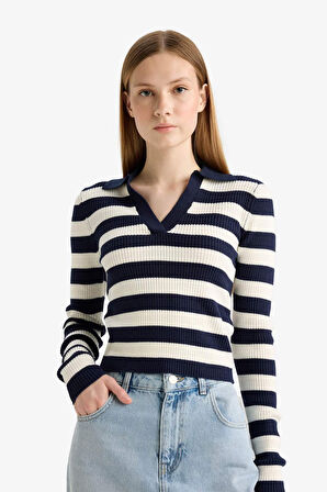 Coool Slim Fit Dar Kesim Polo Yaka Çizgili Kazak