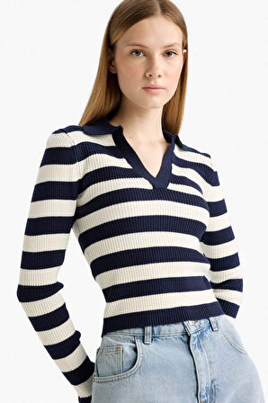 Coool Slim Fit Dar Kesim Polo Yaka Çizgili Kazak