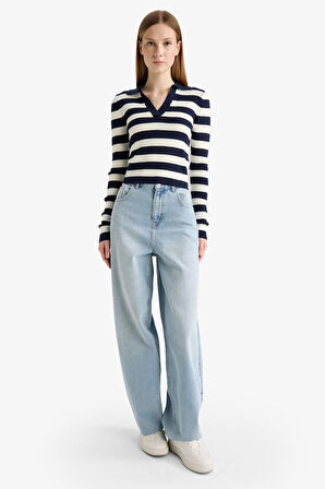 Coool Slim Fit Dar Kesim Polo Yaka Çizgili Kazak