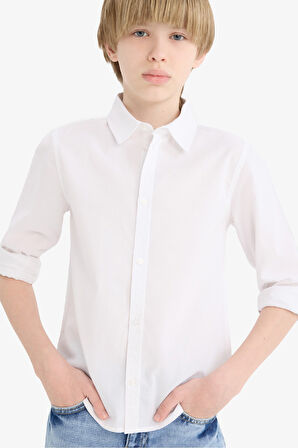Erkek Çocuk Okula Dönüş Regular Fit Polo Yaka Poplin Uzun Kollu Gömlek