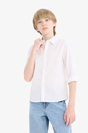 Erkek Çocuk Okula Dönüş Regular Fit Polo Yaka Poplin Uzun Kollu Gömlek