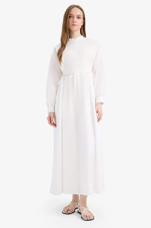 DeFacto Relax Fit Bisiklet Yaka Kuşaklı Poplin Uzun Kollu Maxi Tesettür Elbise F1382AX25SMER105