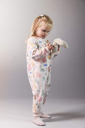 Kız Bebek 1 Tog Elyaf Dinozor Baskılı Uzun Kollu Fermuarlı Tulum