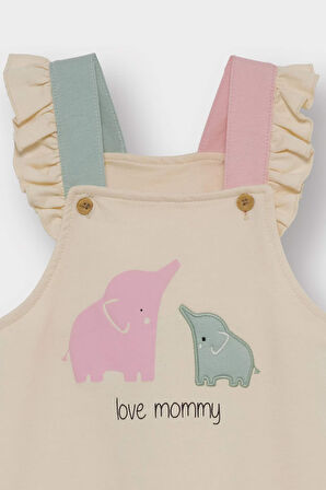 Kız Bebek 2'li Takım Dinozor Baskılı Uzun Kollu Tişört Salopet Tulum