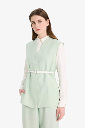 DeFacto V Yaka Kemerli Twill Tesettür Klasik Yelek F1371AX25SMGN1181