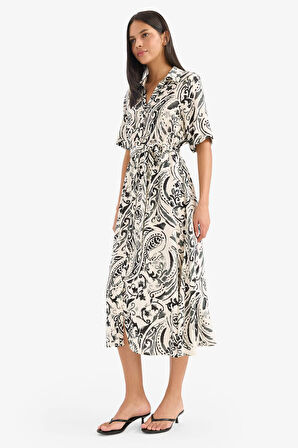 Gömlek Yaka Batik Kısa Kollu Midi Elbise