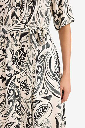 Gömlek Yaka Batik Kısa Kollu Midi Elbise