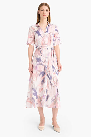 Gömlek Yaka Batik Kısa Kollu Midi Elbise