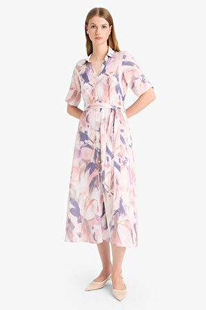 Gömlek Yaka Batik Kısa Kollu Midi Elbise