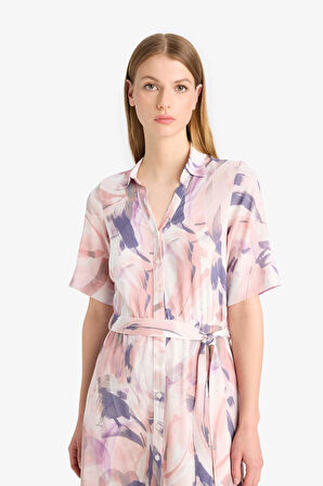 Gömlek Yaka Batik Kısa Kollu Midi Elbise