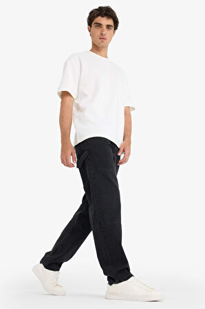 %100 Pamuk Relax Fit Geniş Paça Kargo Cepli Jean Pantolon