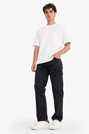 %100 Pamuk Relax Fit Geniş Paça Kargo Cepli Jean Pantolon