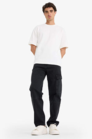 %100 Pamuk Relax Fit Geniş Paça Kargo Cepli Jean Pantolon