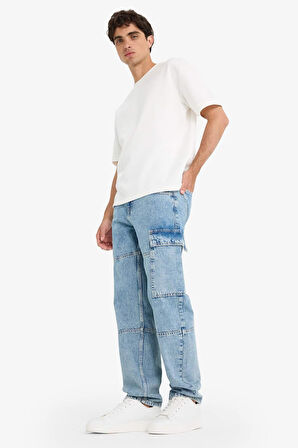 %100 Pamuk Relax Fit Kargo Cepli Geniş Paça Jean Pantolon