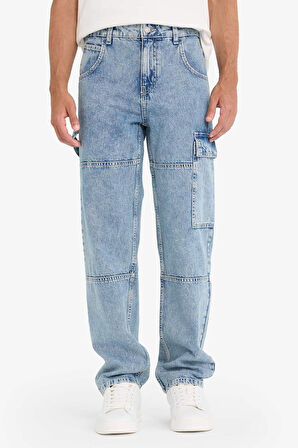 %100 Pamuk Relax Fit Kargo Cepli Geniş Paça Jean Pantolon
