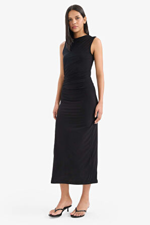 Bodycon Vücudu Saran Dik Yaka Kolsuz Maxi Elbise