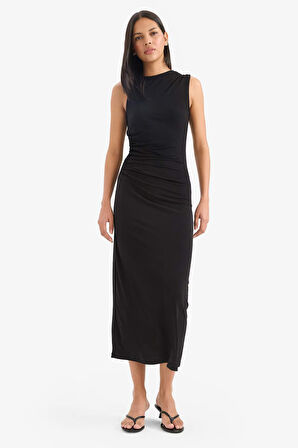 Bodycon Vücudu Saran Dik Yaka Kolsuz Maxi Elbise