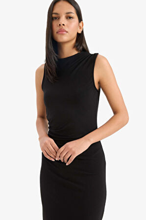 Bodycon Vücudu Saran Dik Yaka Kolsuz Maxi Elbise