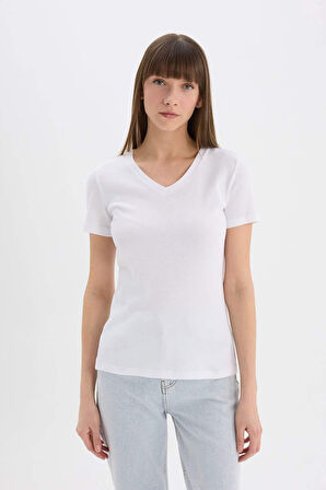 	Slim Fit Dar Kesim V Yaka Ribana Basic Düz Kısa Kollu Tişört