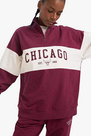 Defacto E8946 Bordo DeFactoFit NBA Chicago Bulls Oversize Fit Yarım Fermuarlı Sporcu Sweatshirt