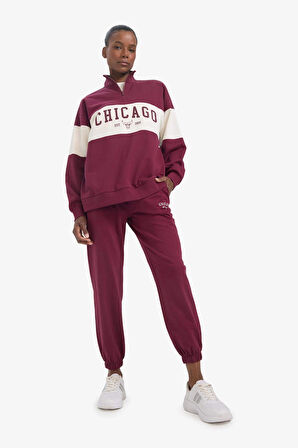 Defacto E8946 Bordo DeFactoFit NBA Chicago Bulls Oversize Fit Yarım Fermuarlı Sporcu Sweatshirt