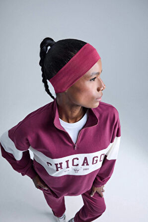 Defacto E8946 Bordo DeFactoFit NBA Chicago Bulls Oversize Fit Yarım Fermuarlı Sporcu Sweatshirt