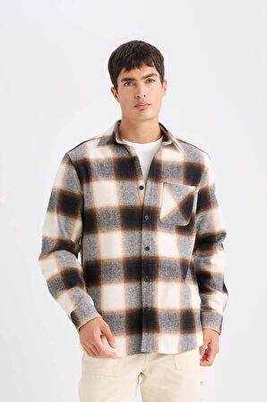 DeFacto Regular Fit Polo Yaka Kareli Flanel Uzun Kollu Gömlek D2320AX24AUBN279