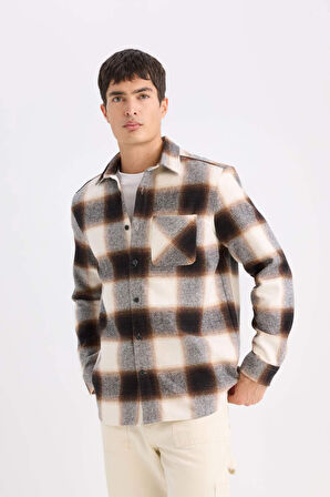 DeFacto Regular Fit Polo Yaka Kareli Flanel Uzun Kollu Gömlek D2320AX24AUBN279
