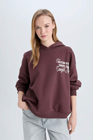 DeFacto Coool Loose Fit Kapüşonlu Sırt Baskılı Kalın Sweatshirt E1495AX24WNBN334