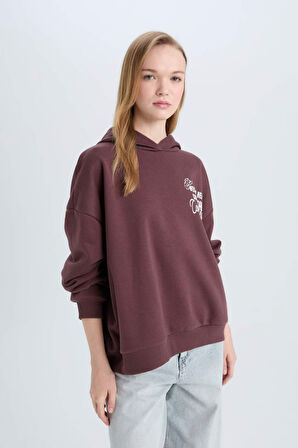 DeFacto Coool Loose Fit Kapüşonlu Sırt Baskılı Kalın Sweatshirt E1495AX24WNBN334