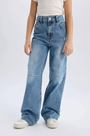 DeFacto Kız Çocuk Wide Leg Yırtık Detaylı Geniş Paça Jean Pantolon D7374A825SMNM39