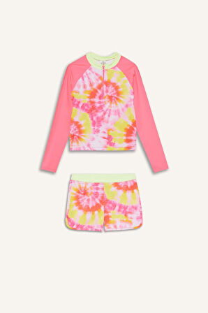 Kız Çocuk 2'li Takım Batik Desenli Uzun Kollu Üst Deniz Şortu