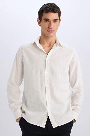 DeFacto %100 Keten Regular Fit Polo Yaka Yazlık Uzun Kollu Beyaz Gömlek D9925AX25SPWT33