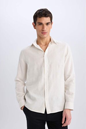 DeFacto %100 Keten Regular Fit Polo Yaka Yazlık Uzun Kollu Beyaz Gömlek D9925AX25SPWT33