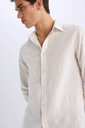 DeFacto %100 Keten Regular Fit Polo Yaka Yazlık Uzun Kollu Beyaz Gömlek D9925AX25SPWT33