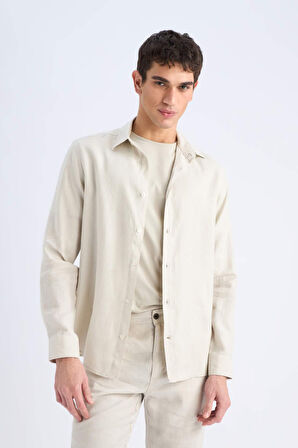 DeFacto %100 Keten Regular Fit Polo Yaka Yazlık Uzun Kollu Gömlek D9925AX25SPGR350